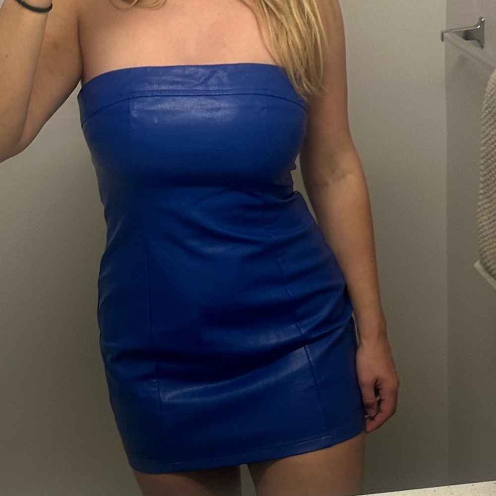 Peppermayo blue strapless leather mini dress size 6